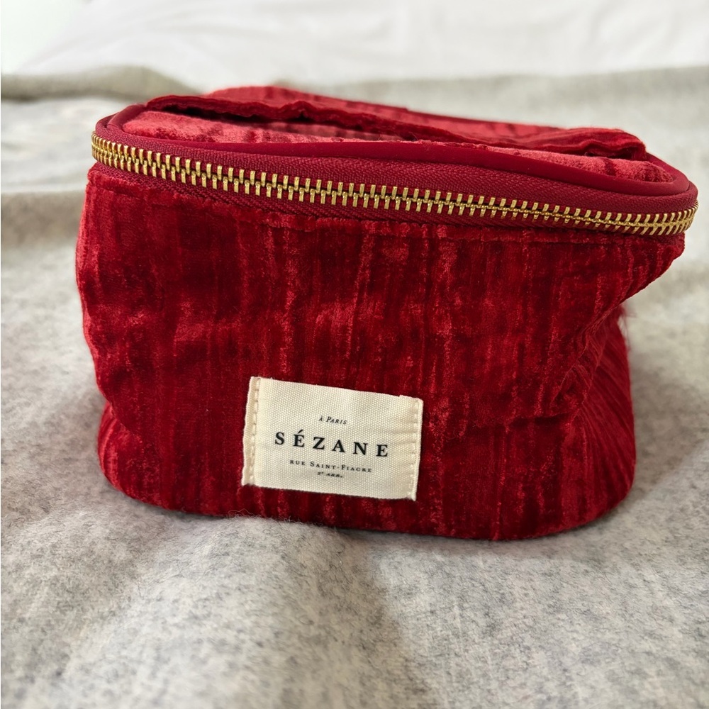 Sézane Red Velvet Cosmetic Pouch with Gold Zip